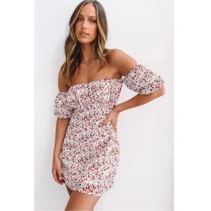 Beginning Boutique White Red Floral Printed Isabella Off Shoulder Dress